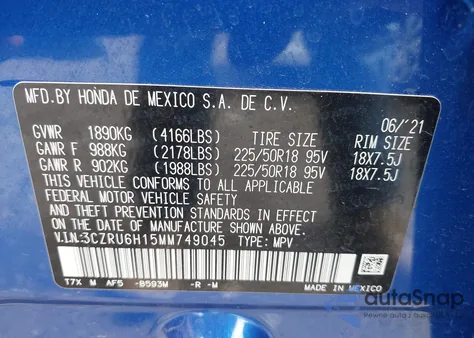 2021 Honda Hr-V Awd Sport from USA, damaged, VIN 3CZRU6H15MM749045